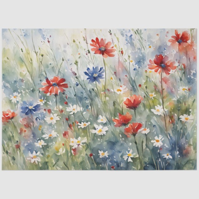 Red White and Blue Watercolor Wildflowers Tissue Paper (Front)