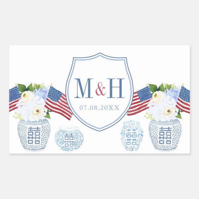 Red White And Blue Wedding Logo Chinoiserie Chic Rectangular Sticker (Front)