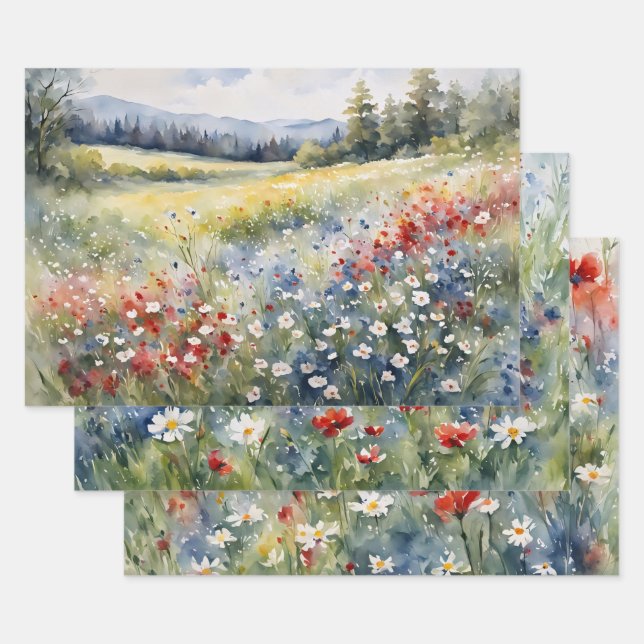 Red White and Blue Wildflowers Variety Pack Wrapping Paper Sheet (Set)