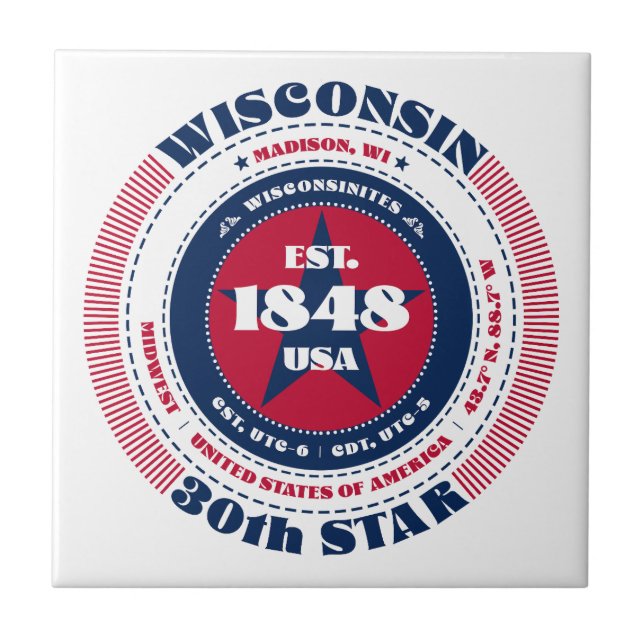 Red, White, and Blue Wisconsin Ceramic Tile (Front)