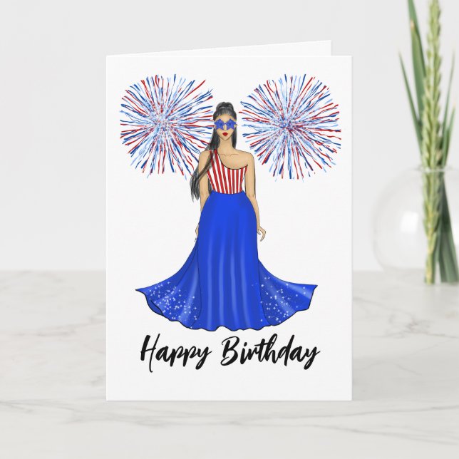 Red, White and Blue with Fireworks Happy Birthday Card (Front)