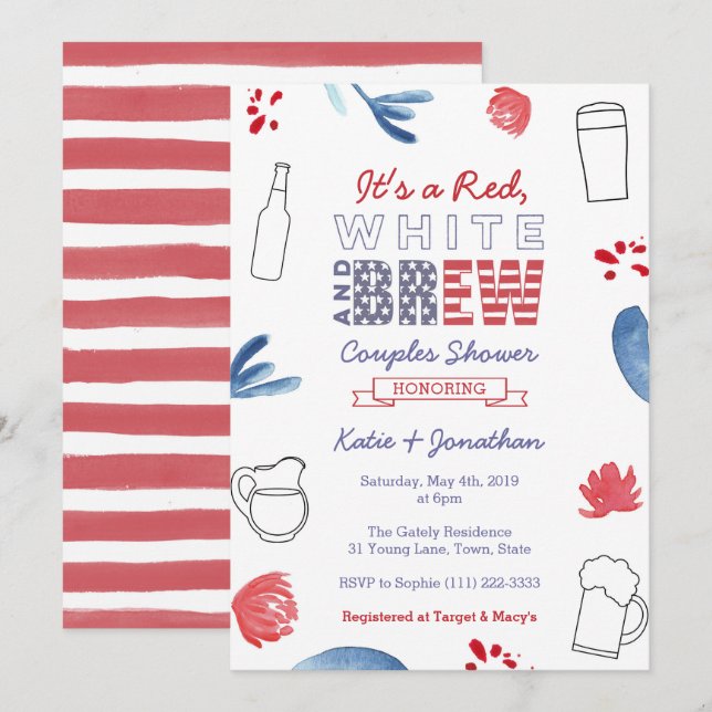 Red White and Brew Couples Shower Engagement Party Invitation (Front/Back)