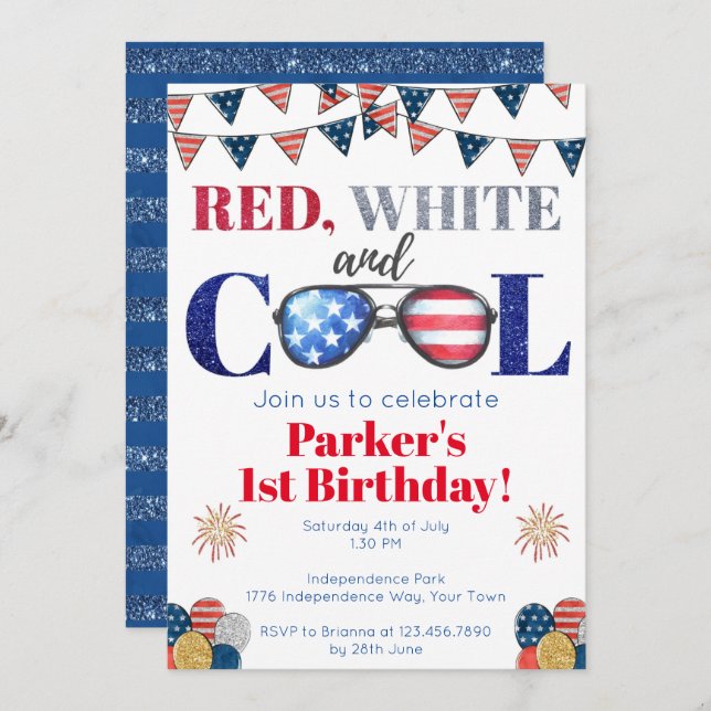 Red White and Cool Fourth of July Birthday Invitation (Front/Back)