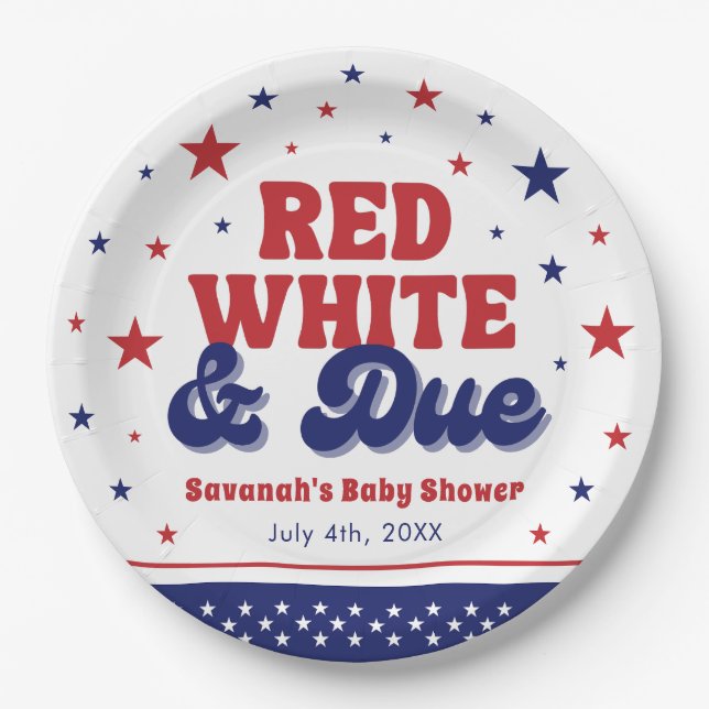 Red, White and Due 4th July Patriotic Baby Shower  Paper Plate (Front)