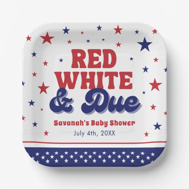 Red, White and Due 4th July Patriotic Baby Shower  Paper Plate (Front)