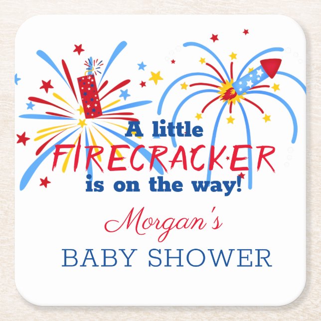 Red White and Due 4th of July Baby Shower Square Paper Coaster (Front)