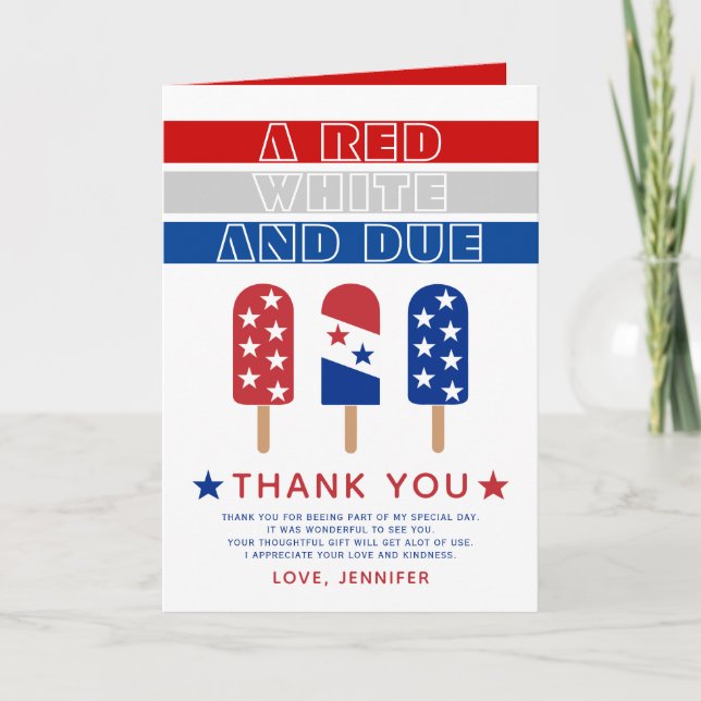 Red White and Due 4th of July baby shower Thank You Card (Front)