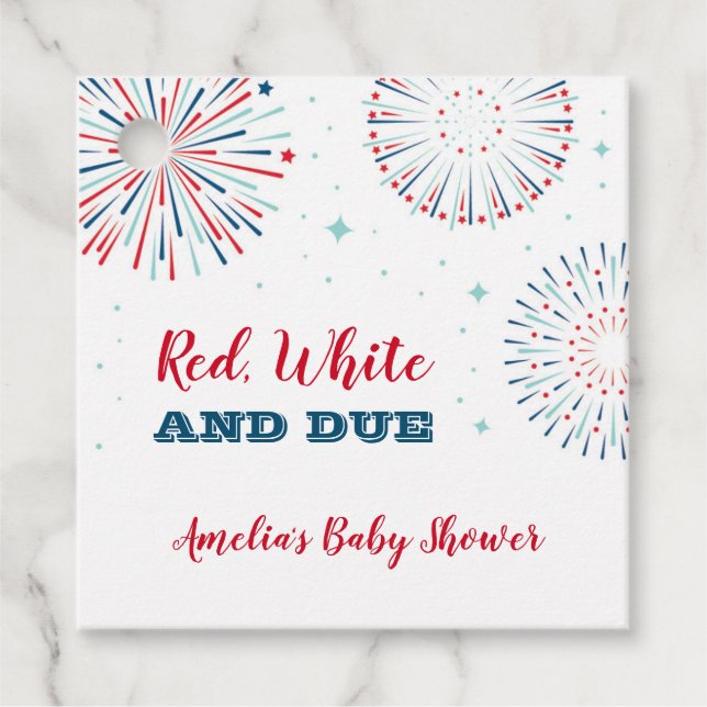 Red, White and Due Baby Shower Favour Tag (Front)