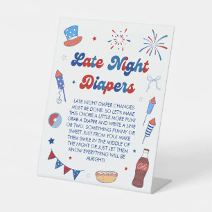 Red White and Due Baby Shower Late Night Diapers Pedestal Sign