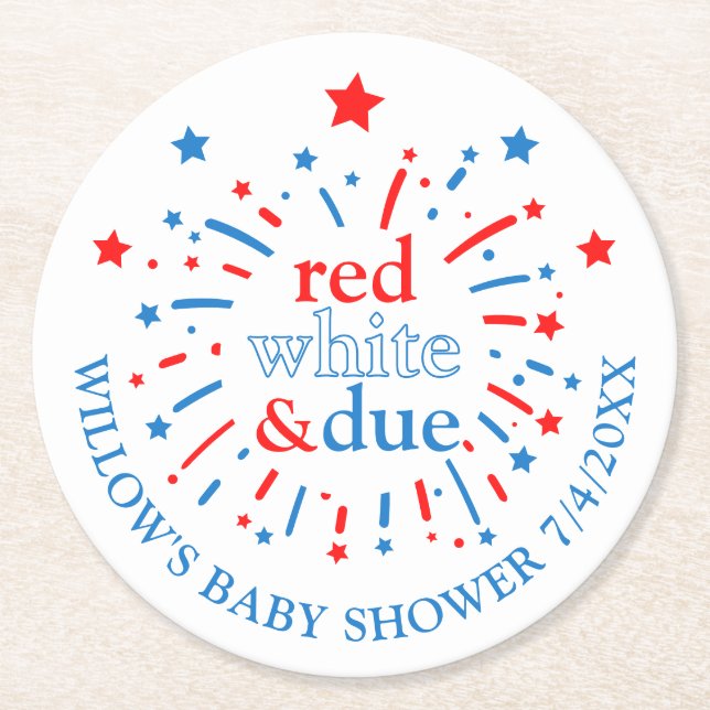 Red White and Due Baby Shower Paper Coasters (Front)