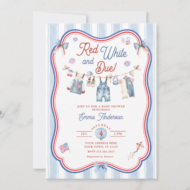 Red White and Due Boy Baby Shower Invitation (Front)