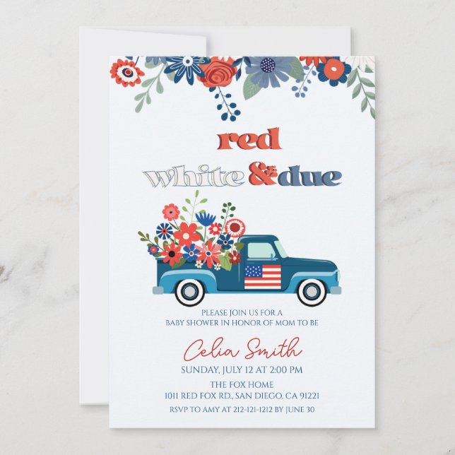 Red, white and due Floral Truck Baby Shower Invitation (Front)