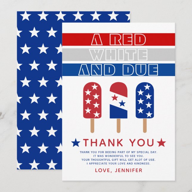 Red White and Due Fourth of July baby shower Thank You Card (Front/Back)