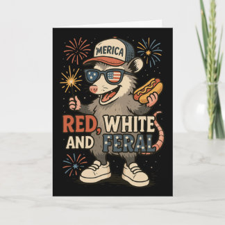Red White And Feral Fireworks Opossum 4th Of July Card