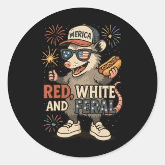 Red White And Feral Fireworks Opossum 4th Of July Classic Round Sticker