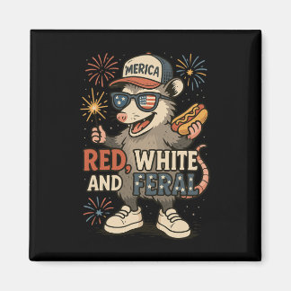 Red White And Feral Fireworks Opossum 4th Of July Magnet
