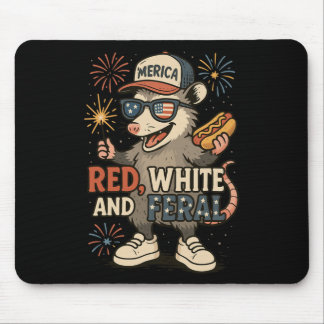 Red White And Feral Fireworks Opossum 4th Of July Mouse Mat
