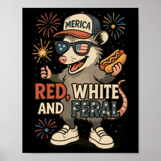 Red White And Feral Fireworks Opossum 4th Of July Poster