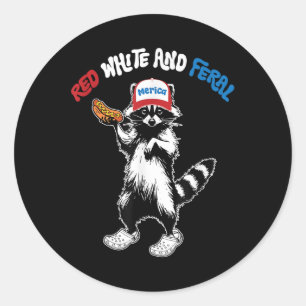 Red White And Feral, Funny Racoon 4th Of July Classic Round Sticker