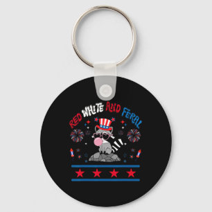 Red White And Feral Funny Racoon 4th Of July Patr Key Ring