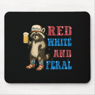 Red White And Feral Funny Racoon Beer 4th Of July Mouse Mat
