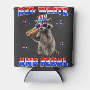 Red White And Feral Patriotic Racoon 4th Can Cooler