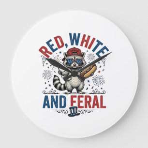 Red White and Feral Patriotic Racoon Shirt_1 Large Clock