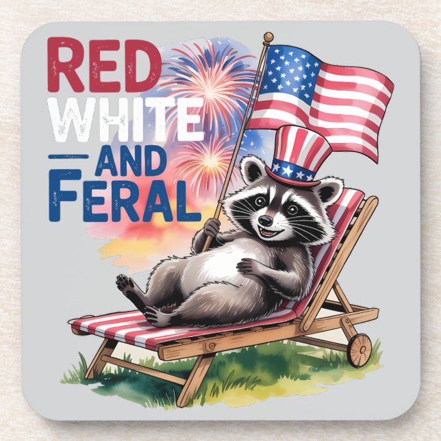 Red White And Feral Racoon Coaster (Front)