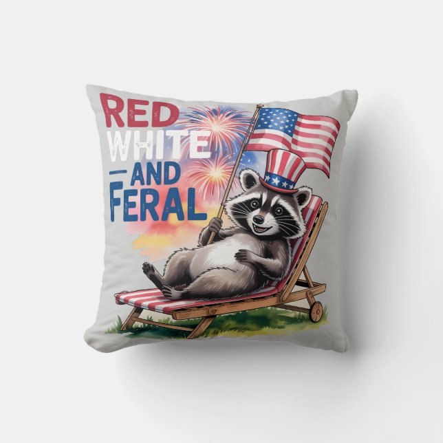 Red White And Feral Racoon Cushion (Front)