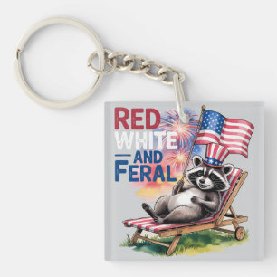 Red White And Feral Racoon Key Ring
