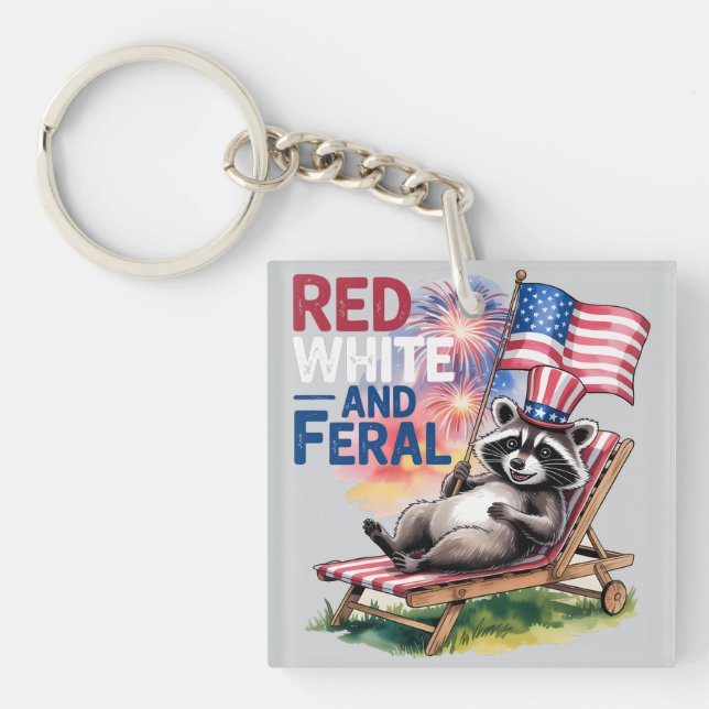 Red White And Feral Racoon Key Ring (Front)