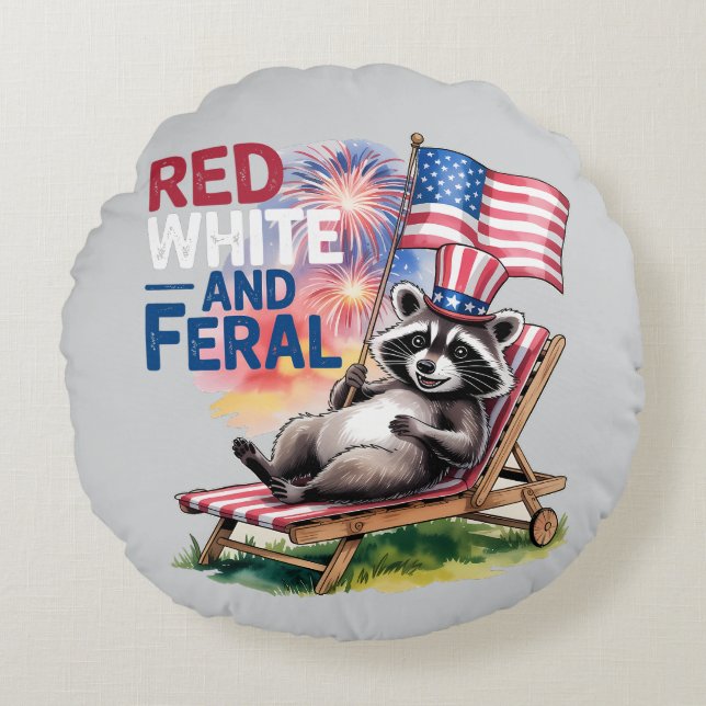 Red White And Feral Racoon Round Cushion (Front)