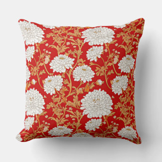 Red White and Gold Japanese Chrysanthemum Floral Cushion
