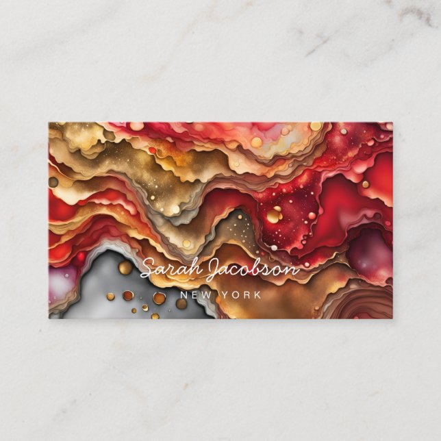 Red White and Gold Marble Alcohol Ink Business Card (Front)