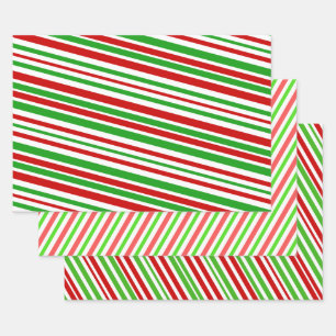 Red, White and Green Christmas-Themed Stripes Wrapping Paper Sheet