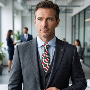 Red White And Green Colour Block Print Neck Tie