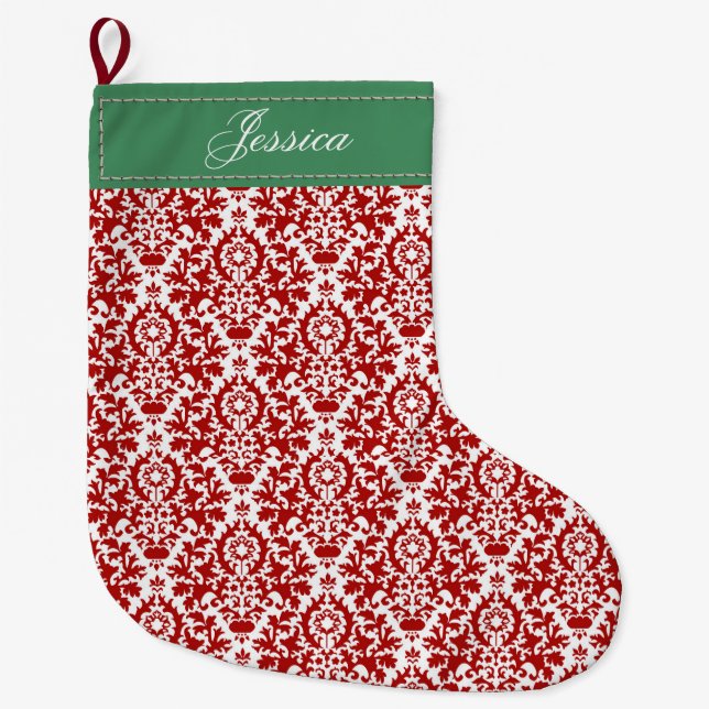 Red, White and Green Floral Damask   Large Christmas Stocking (Front)