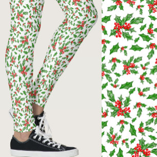 Red, white, and green holly Christmas Patterned Leggings