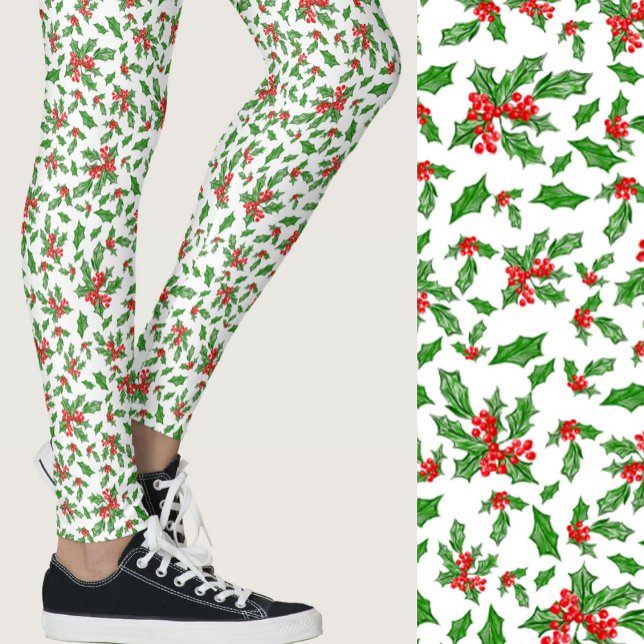 Red, white, and green holly Christmas Patterned Leggings (Creator Uploaded)