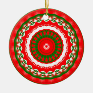 Red, White and Green Mandala Ceramic Tree Decoration