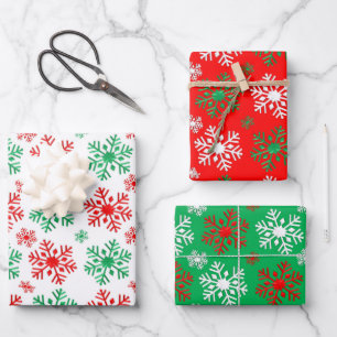 Red White And Green Snowflake Pattern  Wrapping Paper Sheet