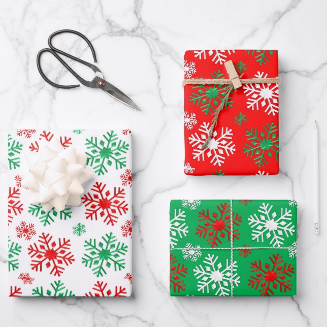 Red White And Green Snowflake Pattern  Wrapping Paper Sheet (Front)