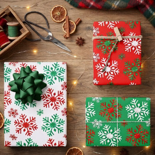 Red White And Green Snowflake Pattern Wrapping Paper Sheet