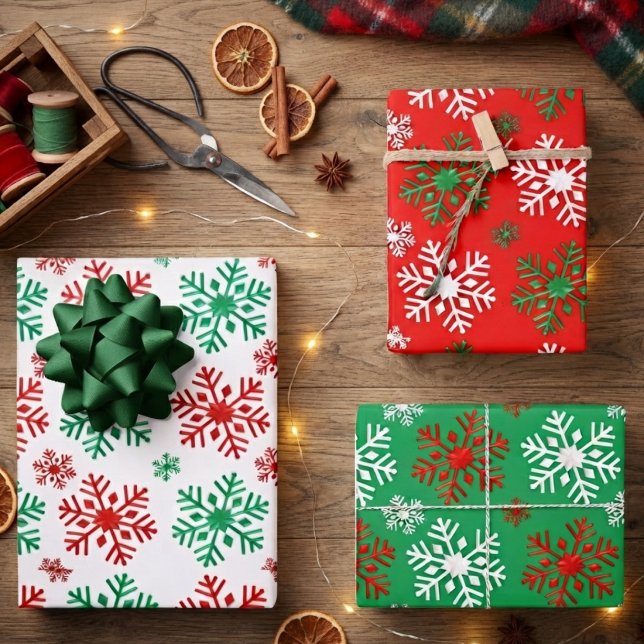 Red White And Green Snowflake Pattern  Wrapping Paper Sheet (Creator Uploaded)