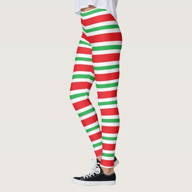 Red, White and Green Thick and Thin Stripes Leggings (Left)