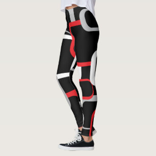 Red White and Grey Retro Squares Black Background Leggings