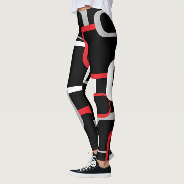 Red White and Grey Retro Squares Black Background Leggings (Left)