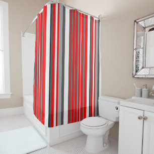 Red white and grey Stripes Shower Curtain