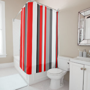 Red white and grey Stripes Shower Curtain