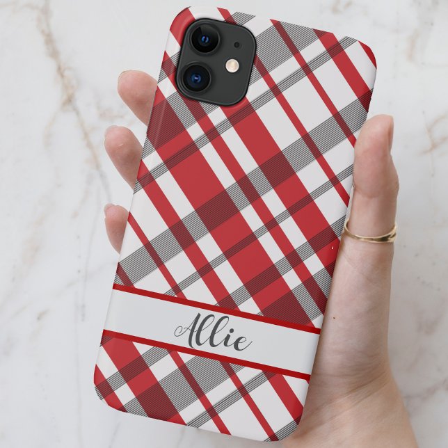 Red, White and Grey Tartan Plaid Custom Case-Mate iPhone Case (Red, White and Gray Tartan Plaid Custom Phone Case - Select your phone size and add your name!)